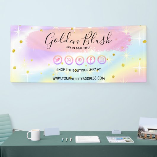 Blozende Roze Aquarel & Moderne Gouden Geometrisch Spandoek (Beurs)