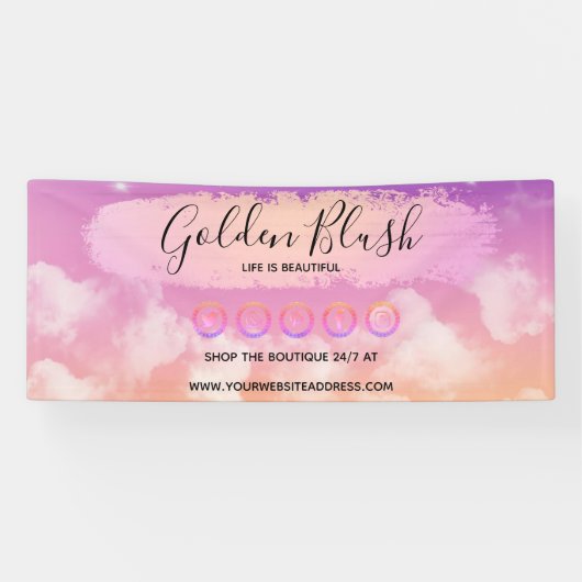 Blozende Roze Aquarel & Moderne Gouden Geometrisch Spandoek (Horizontaal)