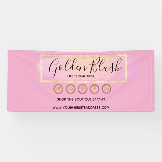 Blozende Roze Aquarel & Moderne Gouden Geometrisch Spandoek (Horizontaal)