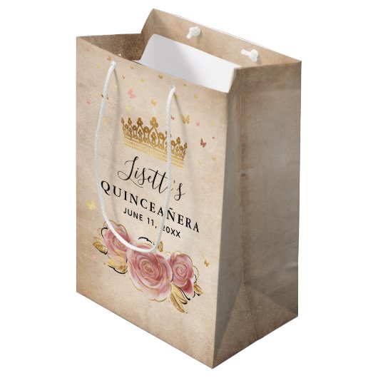 Blozende Roze Aquarel Roos Gouden Quinceanera Medium Cadeauzakje (Voorkant Gekanteld)
