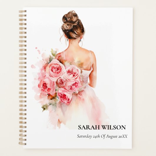 Blozende Roze Aquarel Trouwjurk Bruidsuitnodiging Planner (Voorkant)