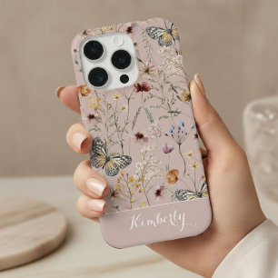Blozende Roze Aquarel Wilde Bloemen Patroon Naam iPhone 15 Pro Case