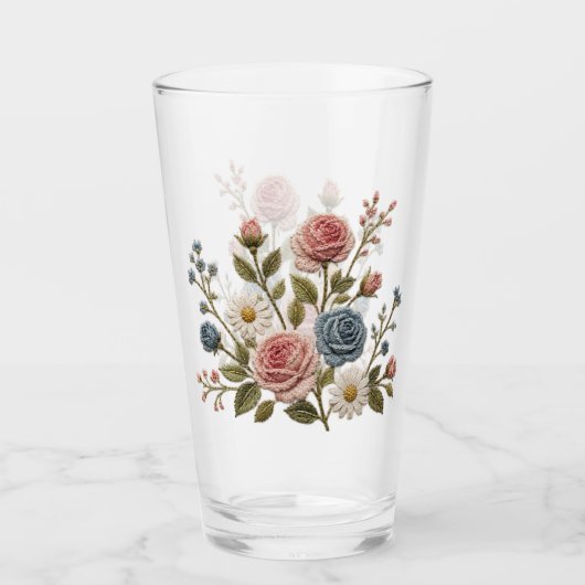 Blozende Roze & Blauwe Geborduurde Rozen Glas (Voorkant)