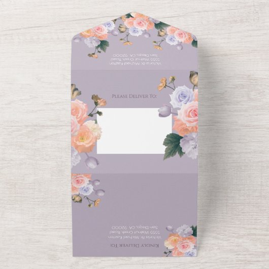 Blozende Roze Bleek Paarse Moderne Bloemige Bruilo All In One Uitnodiging (Buitenkant)