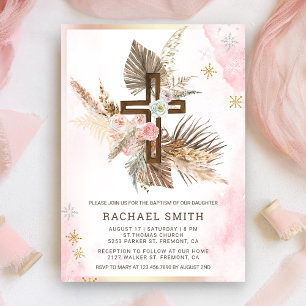 Blozende Roze Bloem Boho Pampas Houten Kruis Doop Kaart