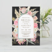 Blozende Roze Bloem Boho Pampas Zwarte Bruiloftsdo Kaart (Staand voorkant)