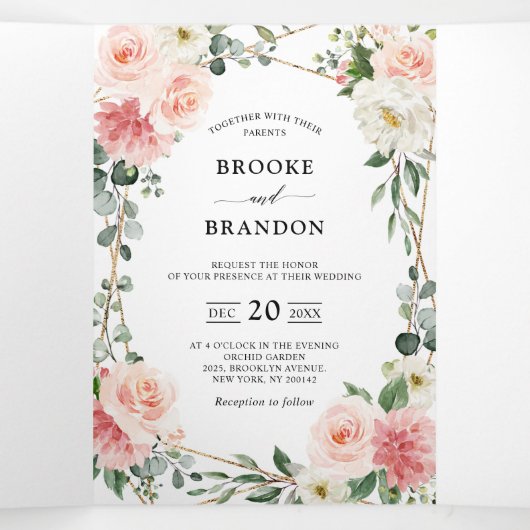 Blozende Roze Bloem Gouden Geometrische Botanische Drieluik Aankondiging (Binnenkant midden)