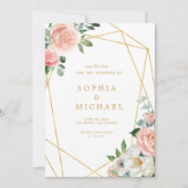 Blozende Roze Bloem Gouden Script Geometrisch Save The Date (Voorkant)
