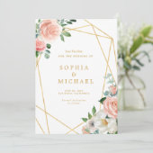 Blozende Roze Bloem Gouden Script Geometrisch Save The Date (Staand voorkant)