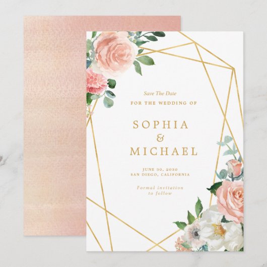 Blozende Roze Bloem Gouden Script Geometrisch Save The Date (Voorkant / Achterkant)