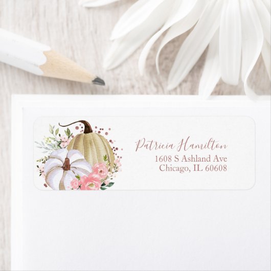 Blozende Roze Bloem Pompoen Herfst Bruiloft Label (Insitu)