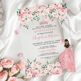 Blozende Roze Bloem Quinceanera Acryl Uitnodigingen