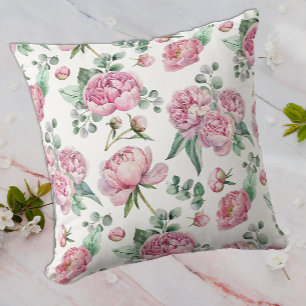 Blozende Roze Bloemen en Eucalyptus Groen Waterver Kussen