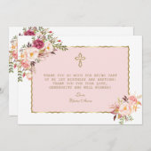 Blozende Roze Bloemen Goud 1e Verjaardag Doopfeest Bedankkaart (Voorkant / Achterkant)