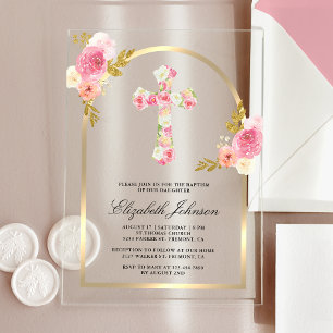 Blozende Roze Bloemen Gouden Boog Doopfeest Acryl Uitnodigingen