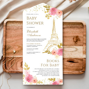 Blozende Roze Bloemen Gouden Eiffeltoren Baby Borr All In One Uitnodiging