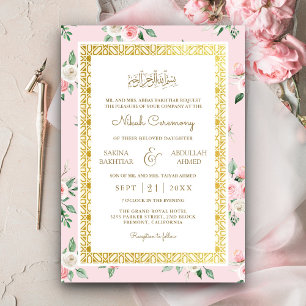 Blozende Roze Bloemen Gouden Lijst Moslim Bruiloft Kaart