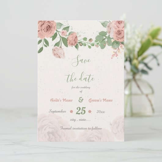 blozende roze bloemen groen botanisch save the date (Staand voorkant)