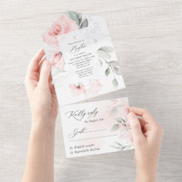 Blozende Roze Bloemen, Groene Bladeren, Boho, Flor All In One Uitnodiging