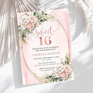 Blozende Roze Bloemen met Groene Sweet Sixteen Kaart