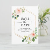 Blozende Roze Bloemen Moderne Geometrische Gouden Save The Date (Staand voorkant)
