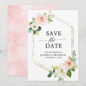 Blozende Roze Bloemen Moderne Geometrische Gouden Save The Date (Voorkant / Achterkant)