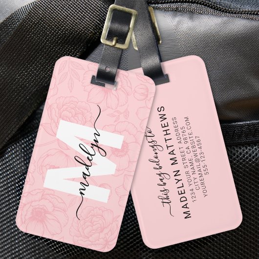 Blozende Roze Bloemen Monogram Naam Bagagelabel