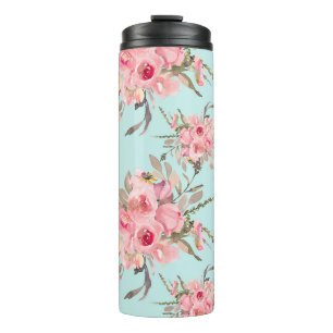 Blozende Roze Bloemen op Lichtblauw Thermosbeker