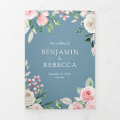 Blozende Roze Bloemencode Dusty Blauwe Bruiloft Drieluik Uitnodiging (Cover)