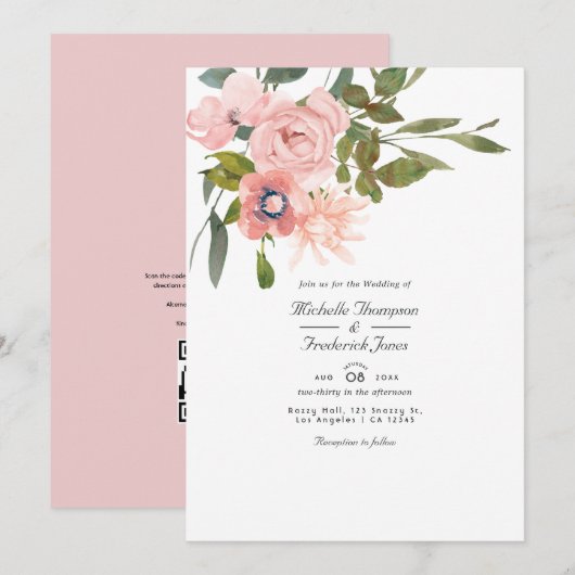 Blozende Roze Bloemencode QR Code RSVP Bruiloft Kaart (Voorkant / Achterkant)