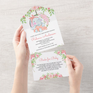 Blozende Roze Bloemige Cute Olifant Baby Shower All In One Uitnodiging