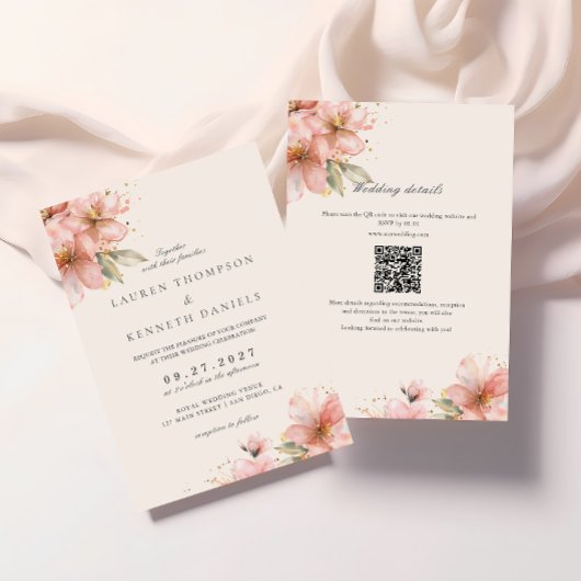 Blozende Roze Bloemige Elegante Script Bruiloft QR Kaart