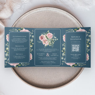 Blozende Roze Bloemige Eucalyptus Stofblauwe Huwel Drieluik Uitnodiging
