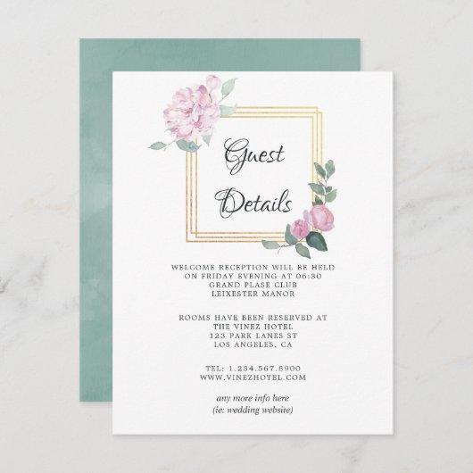 Blozende Roze Bloemige Geometrische Trouw Gast Det Informatiekaartje (Voorkant / Achterkant)
