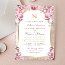 Blozende Roze Bloemige Gouden Boog Vlinder Bruilof