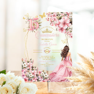 Blozende Roze Bloemige Gouden Vlinders Quinceañera Acryl Uitnodigingen