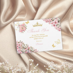 Blozende Roze Bloemige Gouden Vlinders Quinceañera Bedankkaart