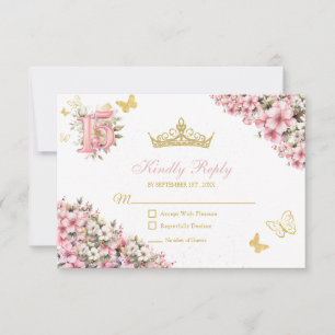 Blozende Roze Bloemige Gouden Vlinders Quinceañera RSVP Kaartje