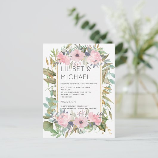 Blozende Roze Bloemige Groene Boho Bruiloft Briefkaart (Staand voorkant)