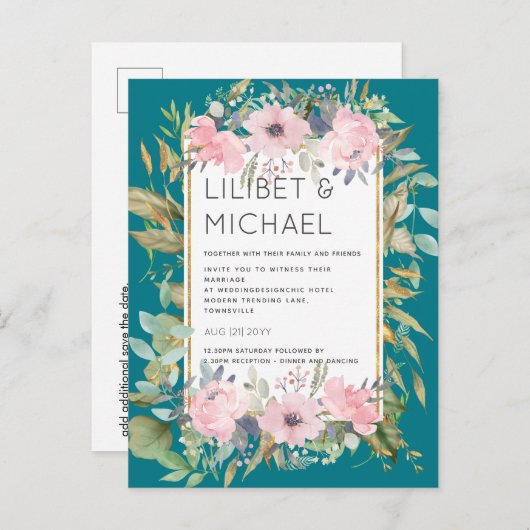 Blozende Roze Bloemige Groene Boho Bruiloft Briefkaart (Voorkant / Achterkant)