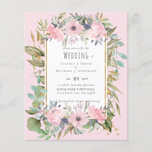 Blozende Roze Bloemige Groene Boho Bruiloft Flyer (Voorkant)