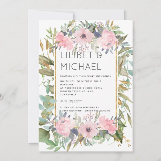 Blozende Roze Bloemige Groene Boho Bruiloft Kaart (Voorkant)