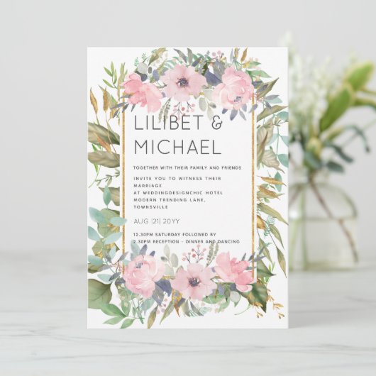 Blozende Roze Bloemige Groene Boho Bruiloft Kaart (Staand voorkant)