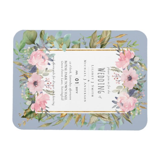 Blozende Roze Bloemige Groene Boho Bruiloft Magneet (Horizontaal)