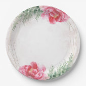 Blozende Roze Bloemige Groene Waterverf Bruiloft Papieren Bordje (Voorkant)