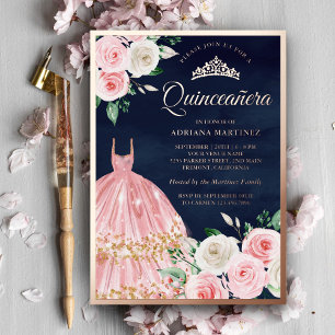 Blozende Roze Bloemige Jurk Quinceanera Navy Roze  Folie Uitnodiging