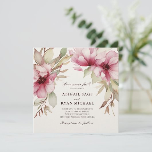 Blozende Roze Bloemige Liefde Faalt Nooit Bijbel B Kaart (Staand voorkant)