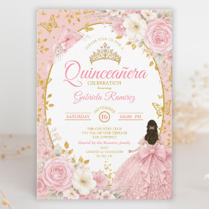 Blozende Roze Bloemige Quinceañera Gouden Vlinder Kaart
