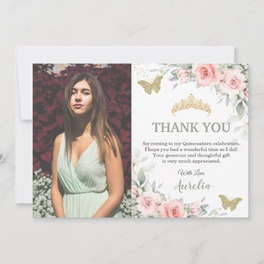 Blozende Roze Bloemige Salie Groene Quinceañera Fo Bedankkaart (Voorkant)