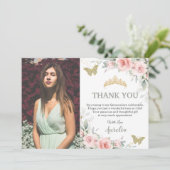 Blozende Roze Bloemige Salie Groene Quinceañera Fo Bedankkaart (Staand voorkant)